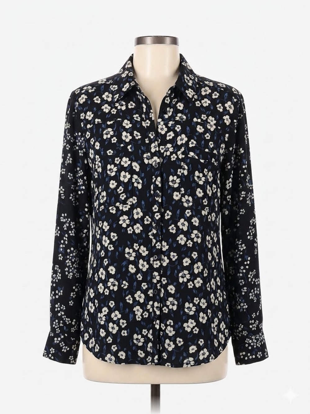 Express Navy and Ivory Floral Button-Down Shirt, Size L